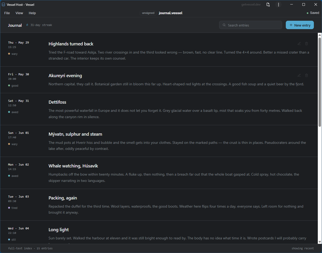 Journal — dated entries with full-text search