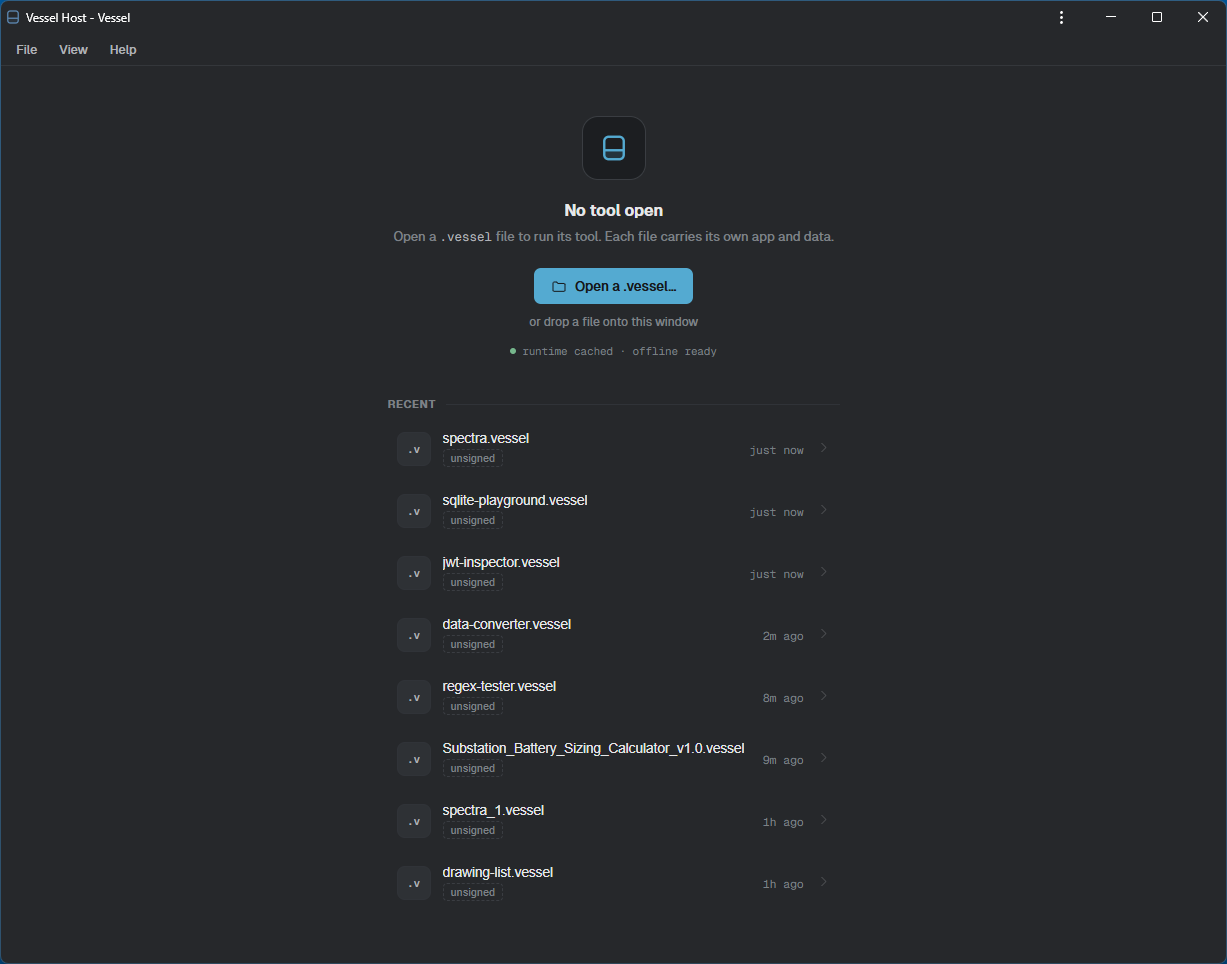 The Vessel host launcher with recent .vessel files